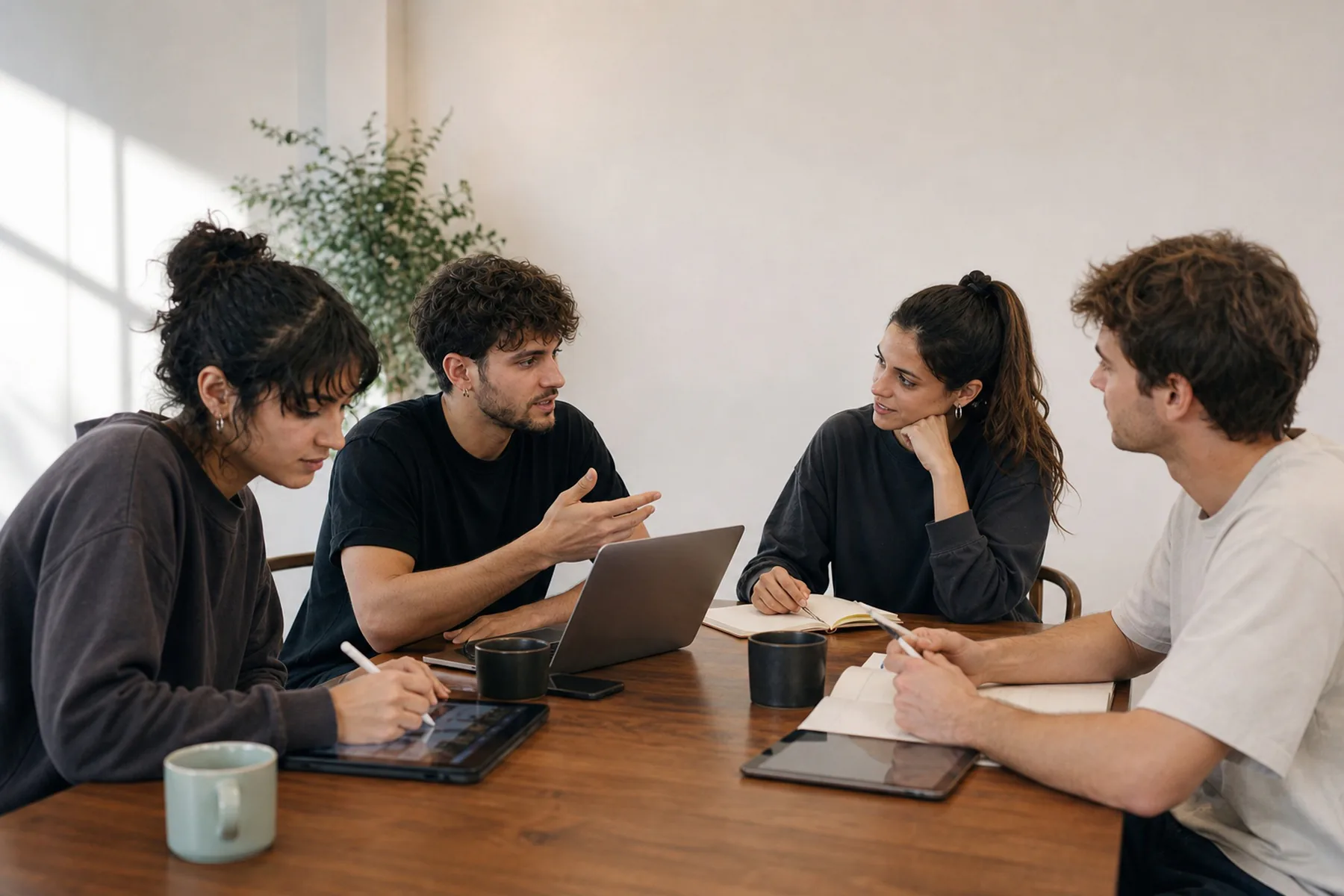 Equipo creativo joven conversando directamente con un cliente en una reunión de trabajo