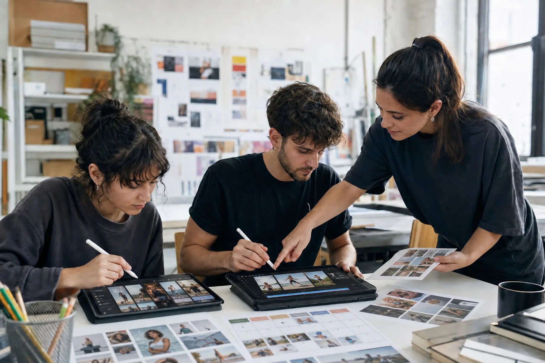Equipo joven de diseñadores trabajando con tablets en contenido y campañas para redes sociales